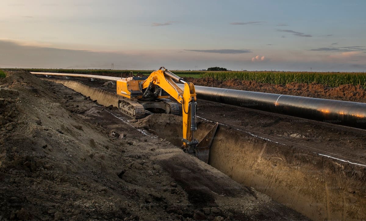 Construcción de un nuevo gasoducto con excavadora y caños industriales